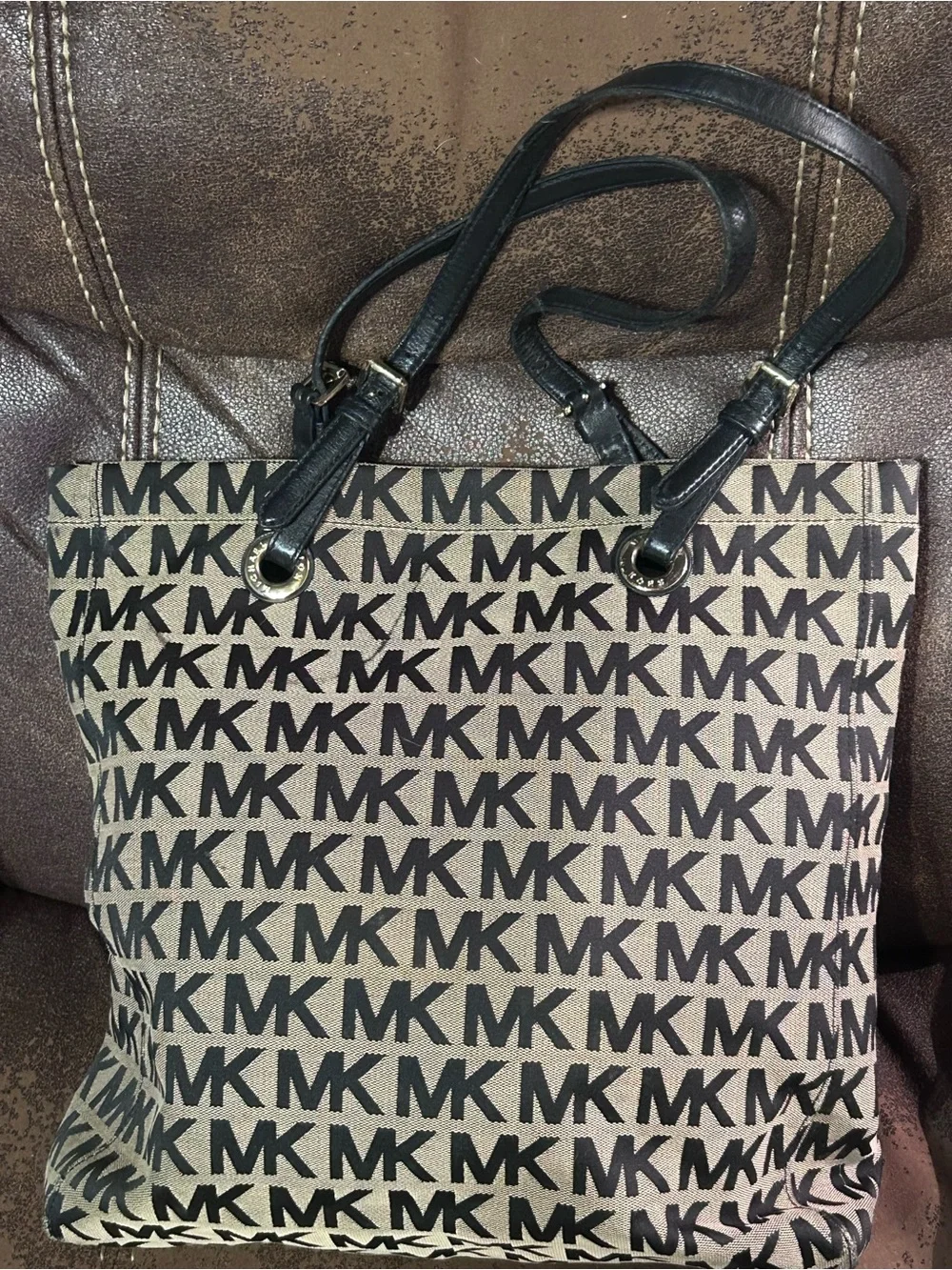 Michael Kors Brown Canvas MK Logo Tote with Black Straps